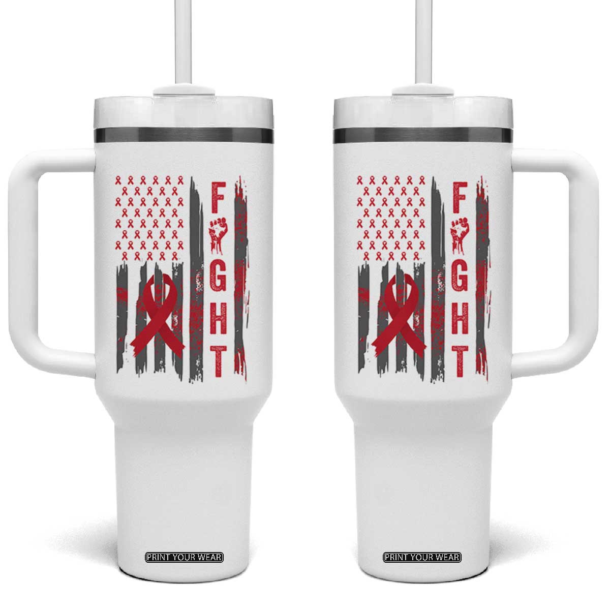 Fight For A Cure HIV AIDS Awareness Tumbler With Handle Patriotic Red Ribbon Gift TS12 One Size: 40 oz White Print Your Wear