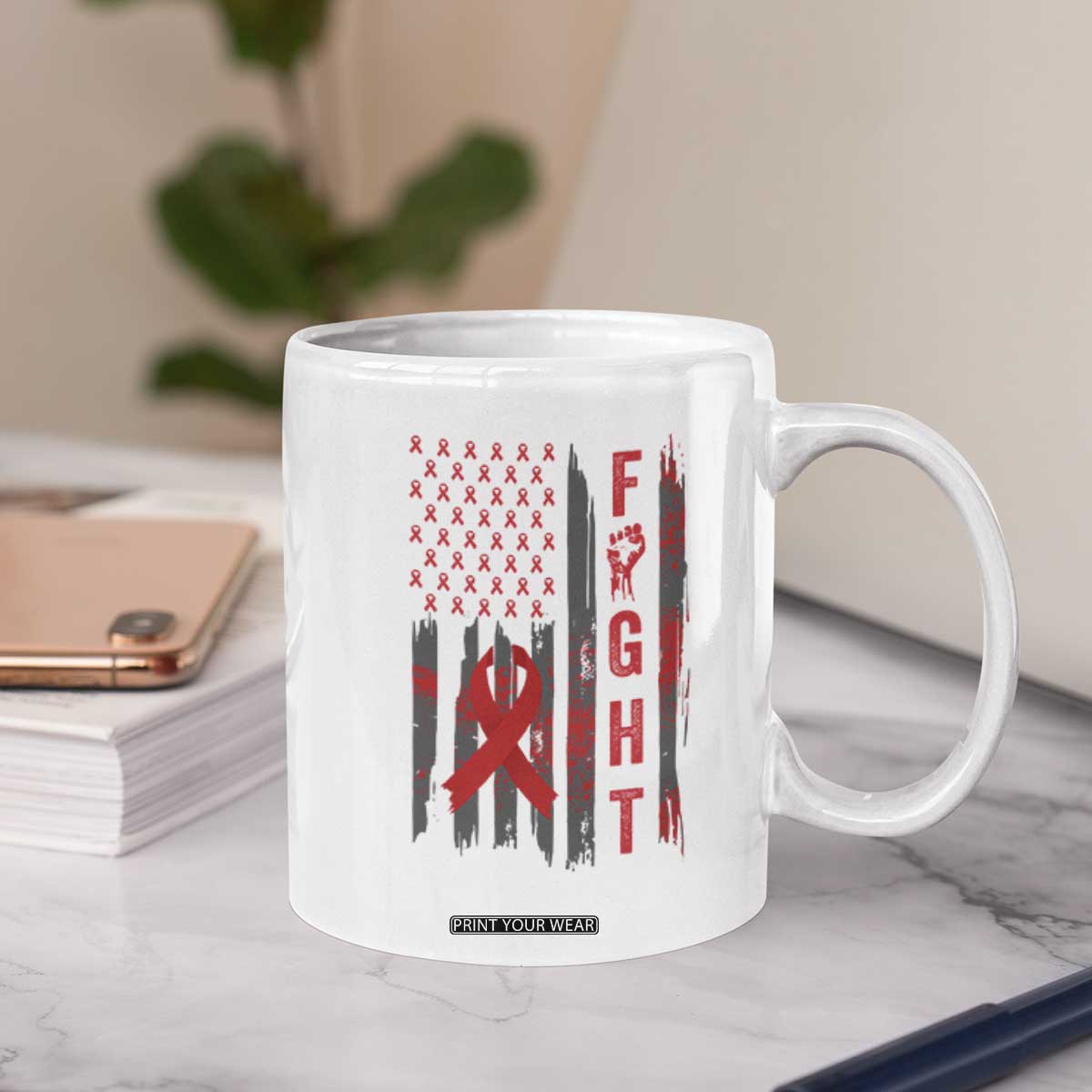 Fight For A Cure HIV AIDS Awareness Coffee Mug Patriotic Red Ribbon Gift TS12 Print Your Wear