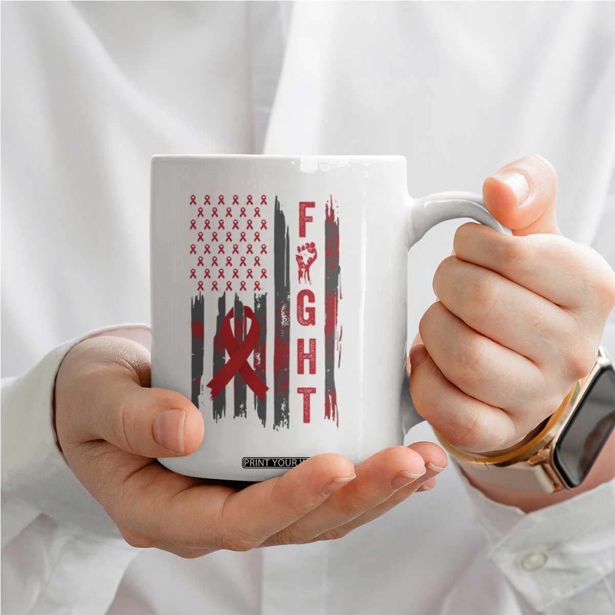 Fight For A Cure HIV AIDS Awareness Coffee Mug Patriotic Red Ribbon Gift TS12 Print Your Wear