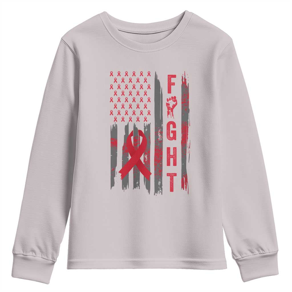Fight For A Cure HIV AIDS Awareness Youth Sweatshirt Patriotic Red Ribbon Gift TS12 Ice Gray Print Your Wear