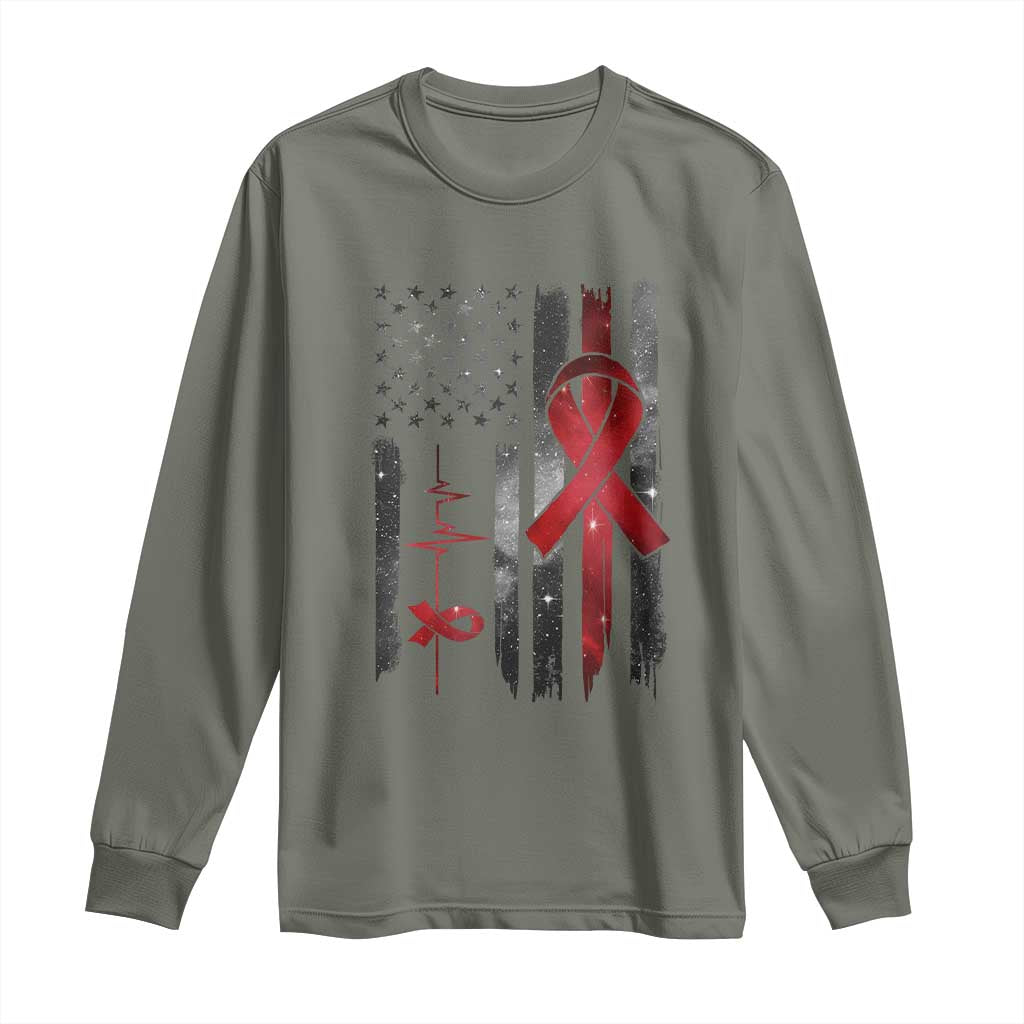 World AIDS Day Long Sleeve Shirt American Flag Red Ribbon Gift TS12 Military Green Print Your Wear
