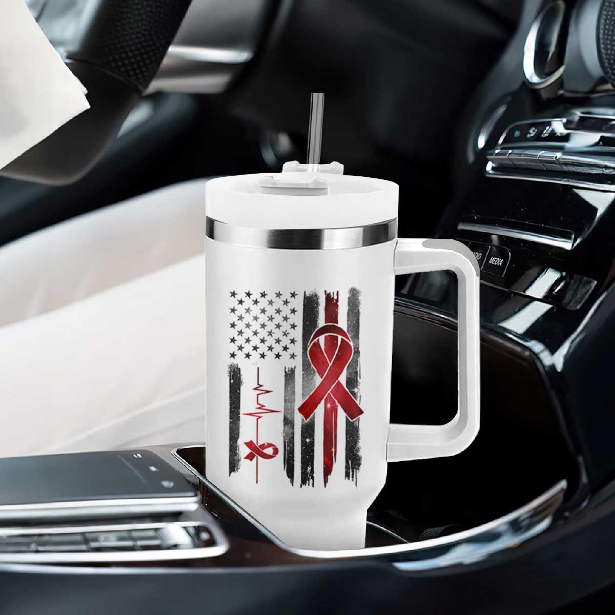 World AIDS Day Tumbler With Handle American Flag Red Ribbon Gift TS12 Print Your Wear