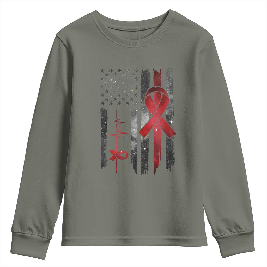 World AIDS Day Youth Sweatshirt American Flag Red Ribbon Gift TS12 Military Green Print Your Wear