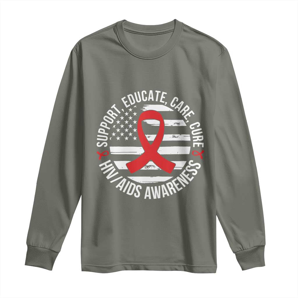 Support Educate Care Cure HIV Awareness Month Gift Long Sleeve Shirt TS12 Military Green Print Your Wear