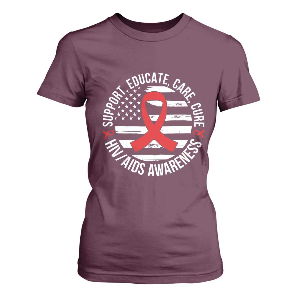 Support Educate Care Cure HIV Awareness Month Gift T Shirt For Women TS12 Maroon Print Your Wear