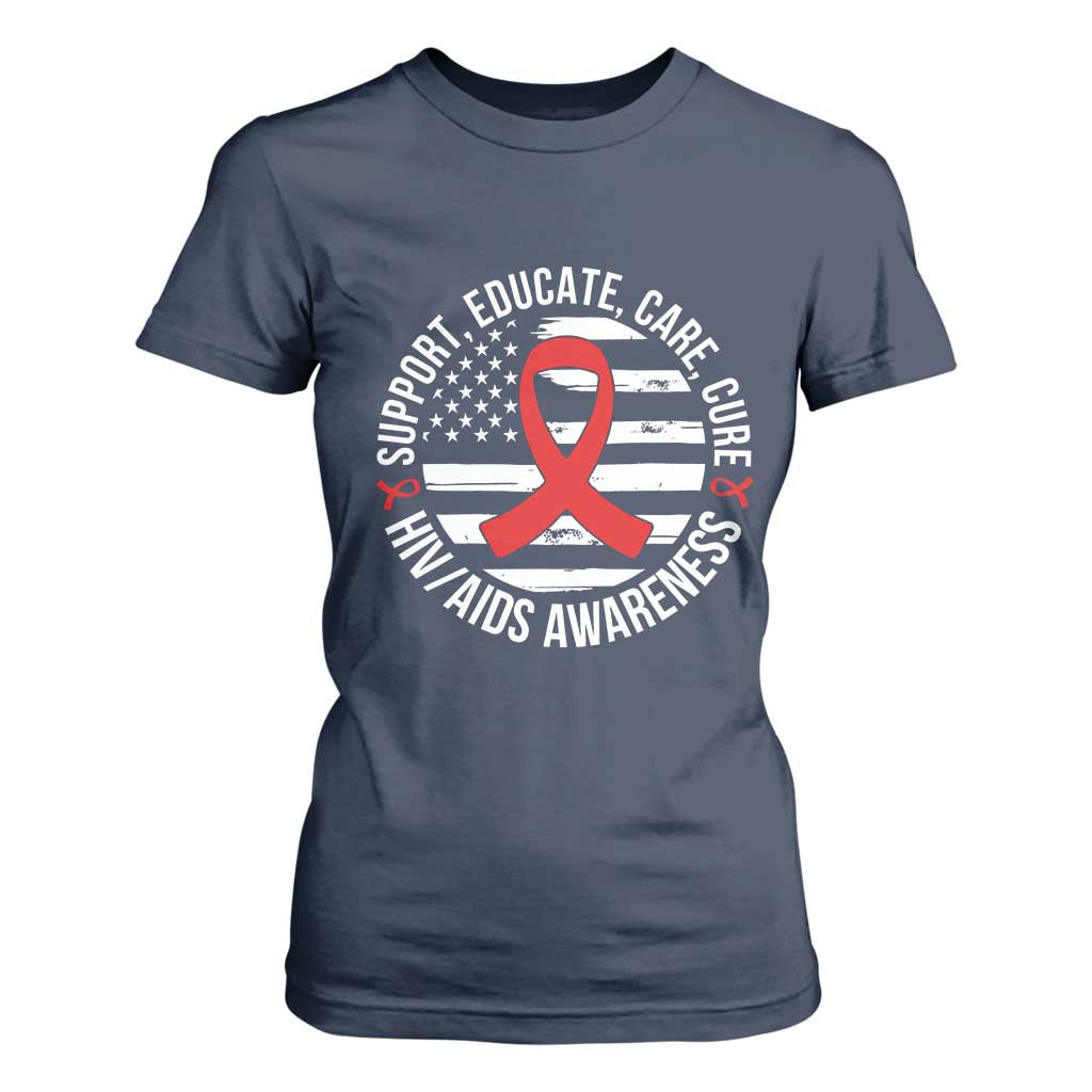 Support Educate Care Cure HIV Awareness Month Gift T Shirt For Women TS12 Navy Print Your Wear