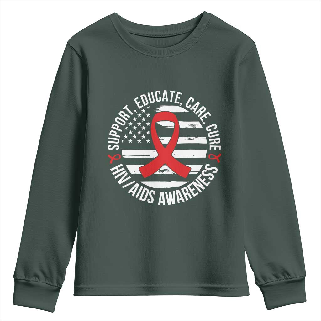 Support Educate Care Cure HIV Awareness Month Gift Youth Sweatshirt TS12 Dark Forest Green Print Your Wear