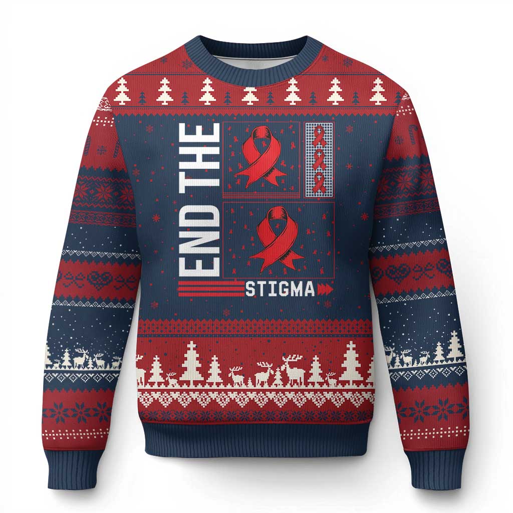 End The Stigma HIV Awareness Ugly Christmas Sweater Red Ribbon Gift TS12 Navy Red Print Your Wear