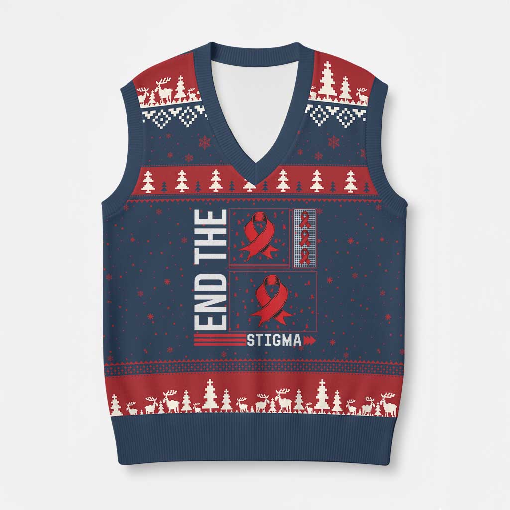 End The Stigma HIV Awareness V-Neck Knit Sweater Vest Red Ribbon Gift TS12 Navy Red Print Your Wear
