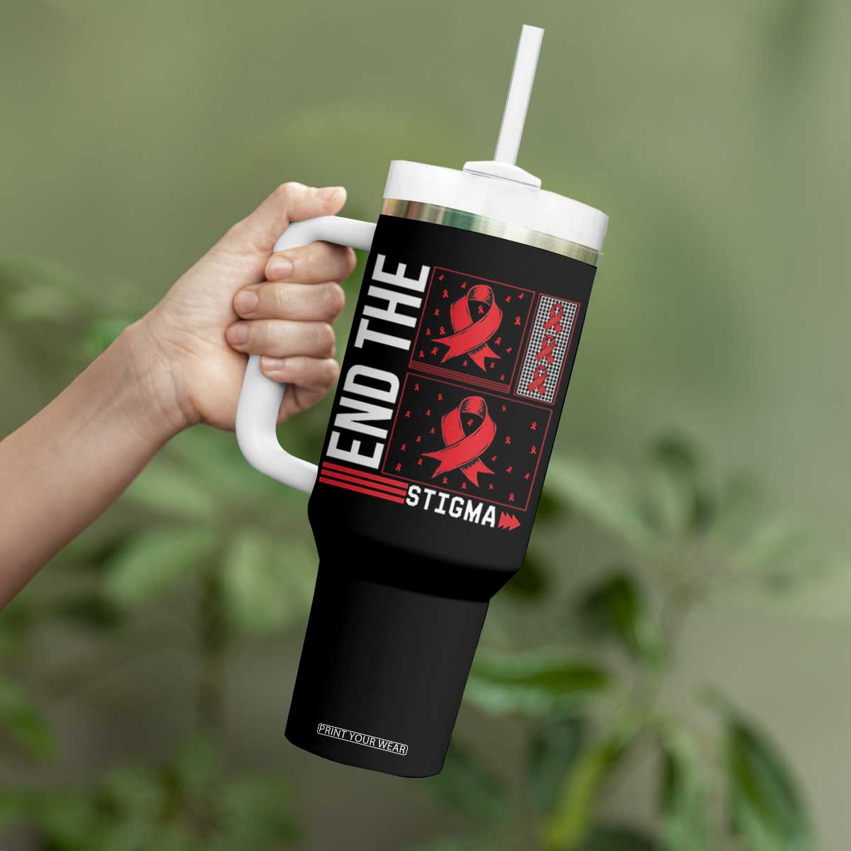 End The Stigma HIV Awareness Tumbler With Handle Red Ribbon Gift TS12 Print Your Wear