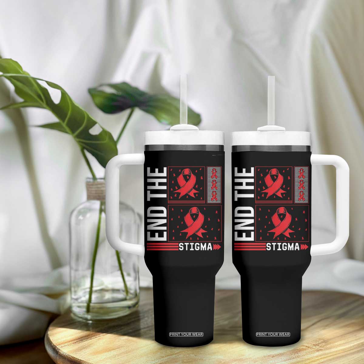 End The Stigma HIV Awareness Tumbler With Handle Red Ribbon Gift TS12 Print Your Wear