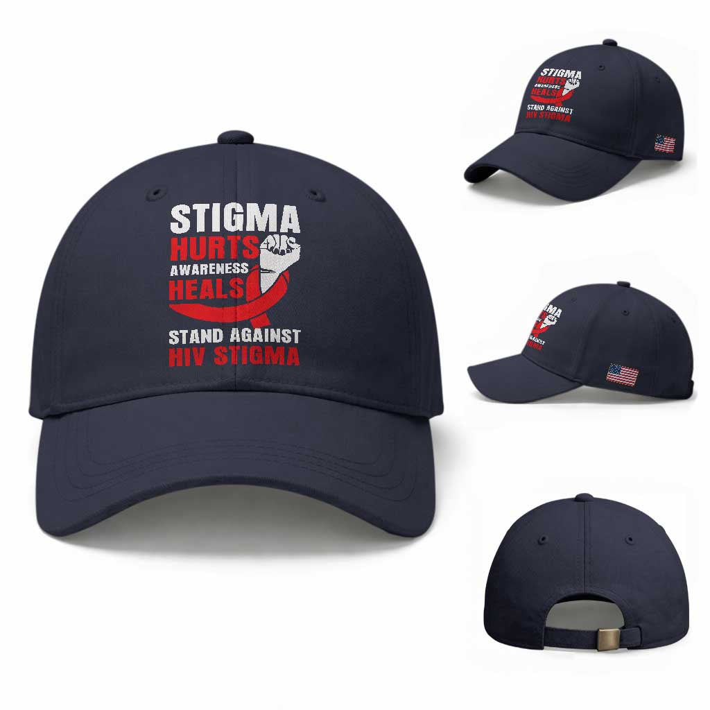 Stigma Hurts Awareness Heals Baseball Cap HIV Awareness Red Ribbon Support Gift TS12 Baseball Cap Universal Fit Navy Print Your Wear