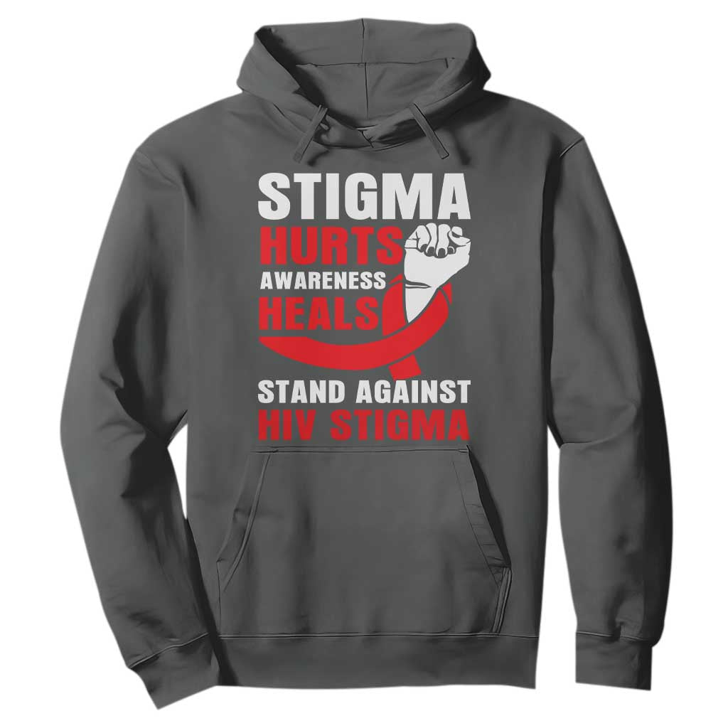 Stigma Hurts Awareness Heals Hoodie HIV Awareness Red Ribbon Support Gift TS12 Dark Heather Print Your Wear