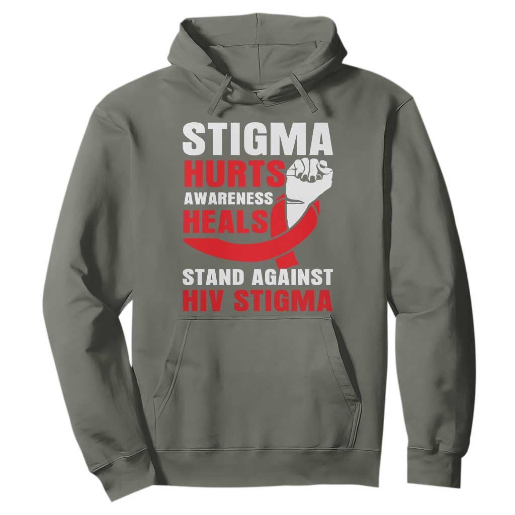 Stigma Hurts Awareness Heals Hoodie HIV Awareness Red Ribbon Support Gift TS12 Military Green Print Your Wear