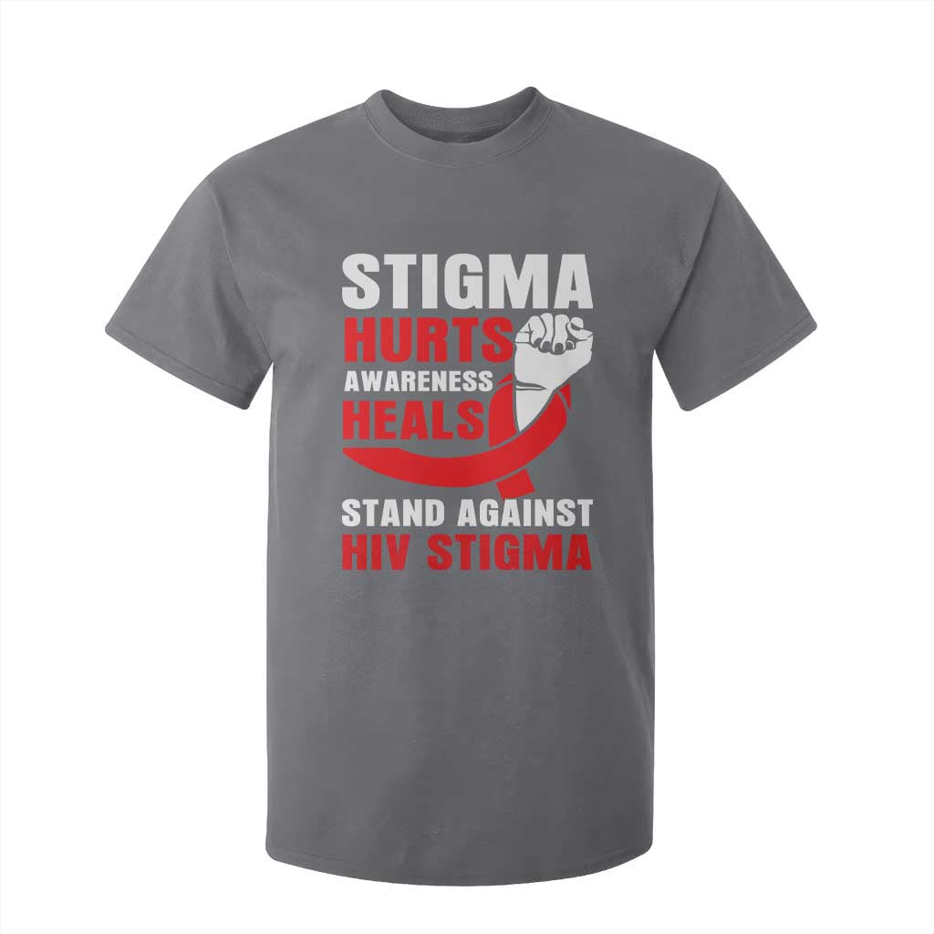 Stigma Hurts Awareness Heals T Shirt For Kid HIV Awareness Red Ribbon Support Gift TS12 Charcoal Print Your Wear