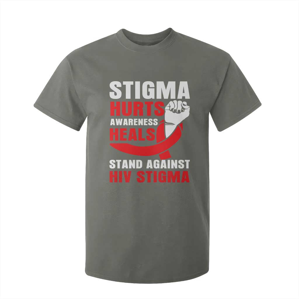 Stigma Hurts Awareness Heals T Shirt For Kid HIV Awareness Red Ribbon Support Gift TS12 Military Green Print Your Wear