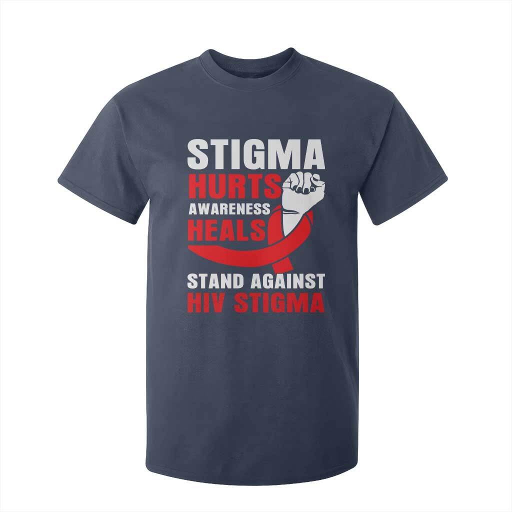 Stigma Hurts Awareness Heals T Shirt For Kid HIV Awareness Red Ribbon Support Gift TS12 Navy Print Your Wear