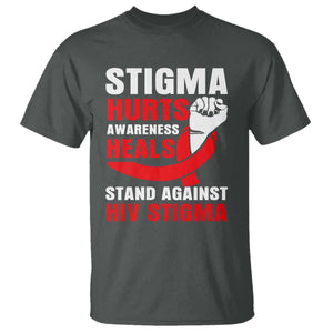 Stigma Hurts Awareness Heals T Shirt HIV Awareness Red Ribbon Support Gift TS12 Dark Heather Print Your Wear