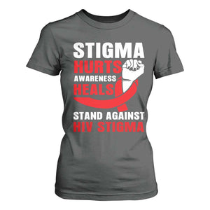 Stigma Hurts Awareness Heals T Shirt For Women HIV Awareness Red Ribbon Support Gift TS12 Dark Heather Print Your Wear