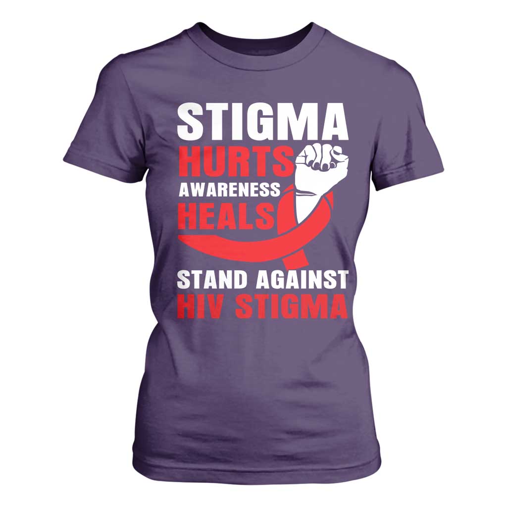 Stigma Hurts Awareness Heals T Shirt For Women HIV Awareness Red Ribbon Support Gift TS12 Purple Print Your Wear
