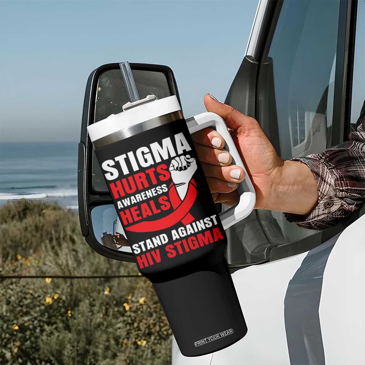 Stigma Hurts Awareness Heals Tumbler With Handle HIV Awareness Red Ribbon Support Gift TS12 Print Your Wear