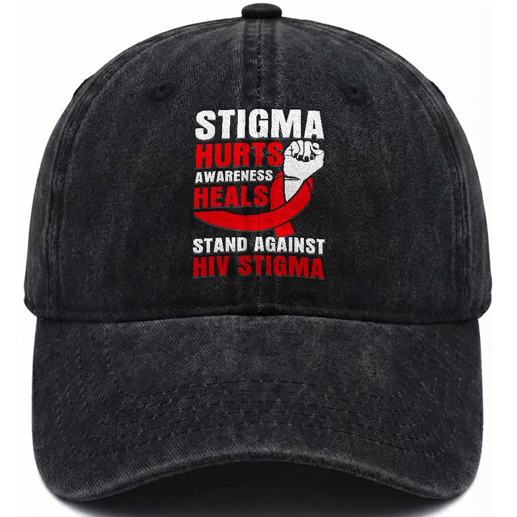 Stigma Hurts Awareness Heals Washed Cotton Baseball Cap HIV Awareness Red Ribbon Support Gift TS12 Print Your Wear