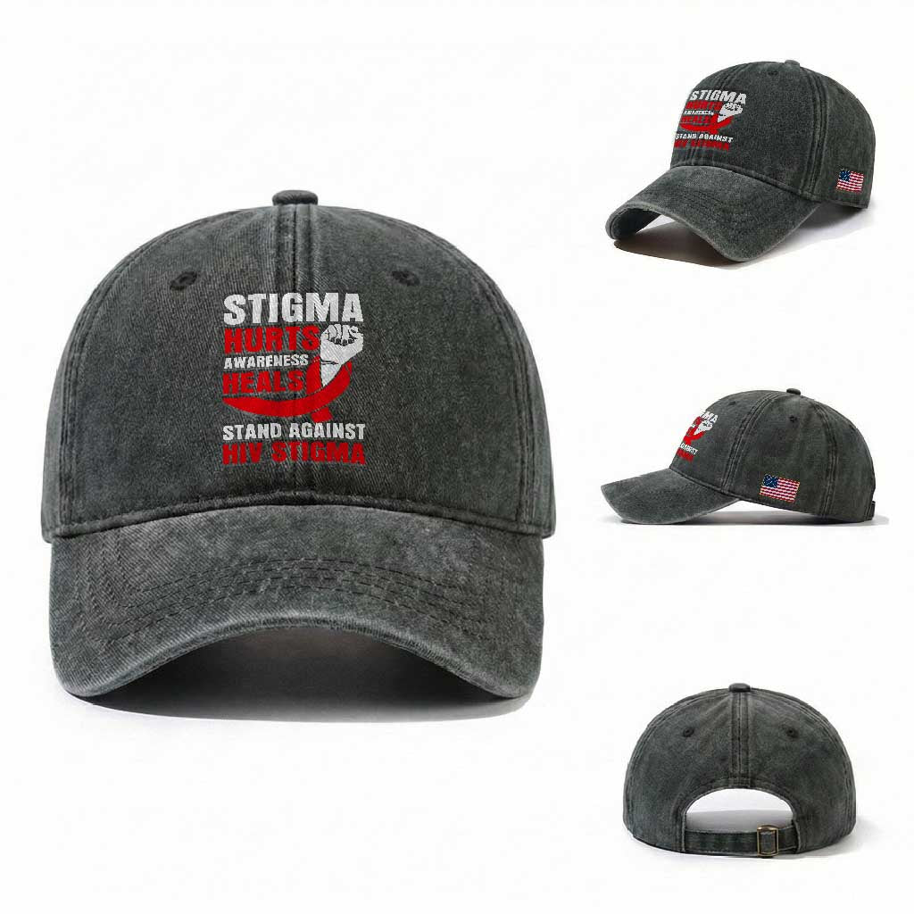 Stigma Hurts Awareness Heals Washed Cotton Baseball Cap HIV Awareness Red Ribbon Support Gift TS12 Washed Cap Universal Fit Dark Green Print Your Wear