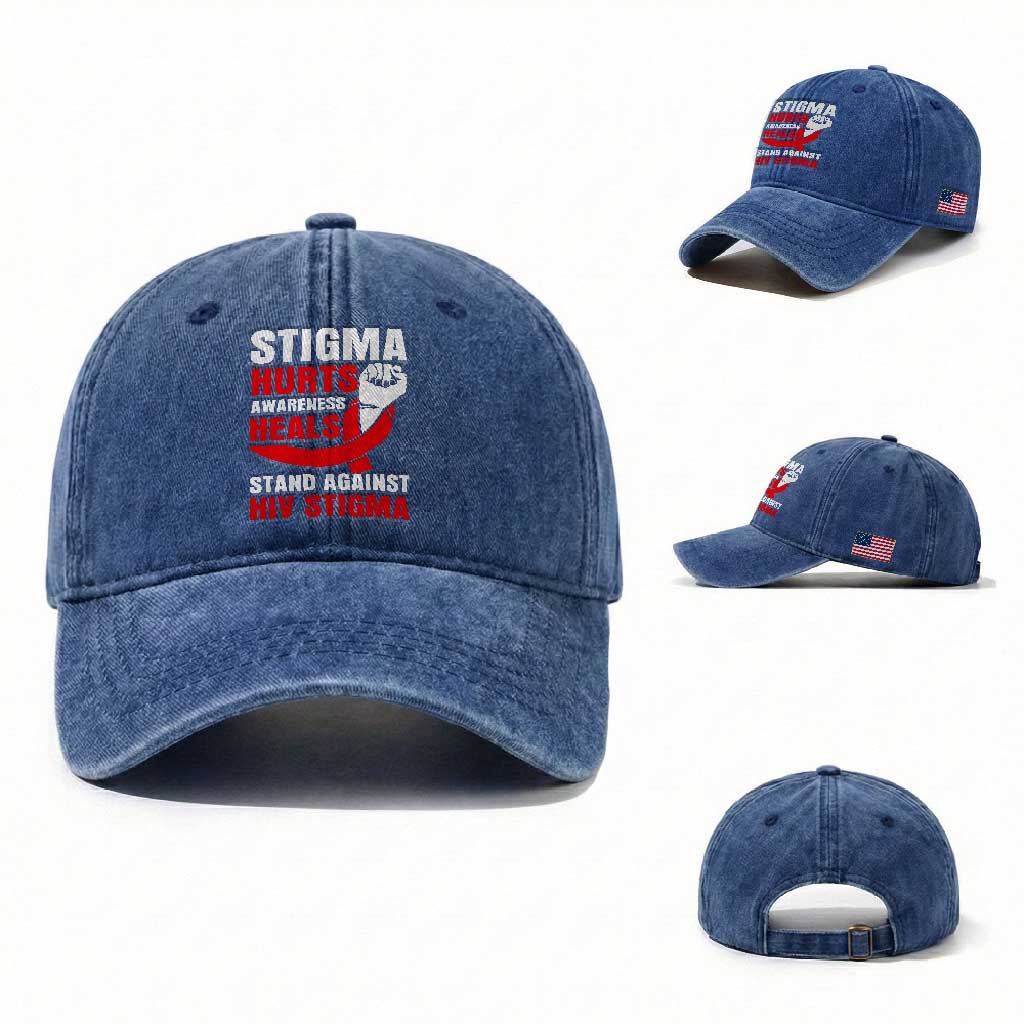 Stigma Hurts Awareness Heals Washed Cotton Baseball Cap HIV Awareness Red Ribbon Support Gift TS12 Washed Cap Universal Fit Royal Blue Print Your Wear