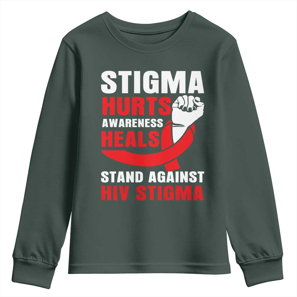 Stigma Hurts Awareness Heals Youth Sweatshirt HIV Awareness Red Ribbon Support Gift TS12 Dark Forest Green Print Your Wear
