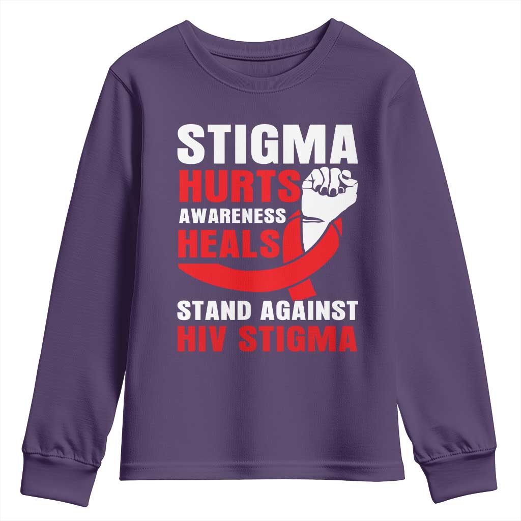 Stigma Hurts Awareness Heals Youth Sweatshirt HIV Awareness Red Ribbon Support Gift TS12 Purple Print Your Wear