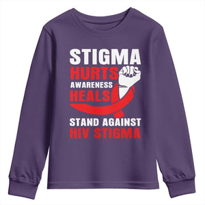 Stigma Hurts Awareness Heals Youth Sweatshirt HIV Awareness Red Ribbon Support Gift TS12 Purple Print Your Wear