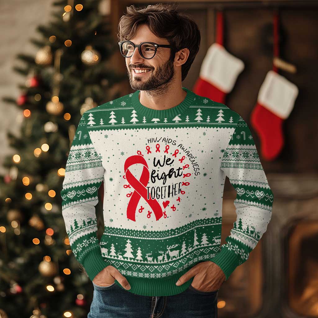HIV Awareness Red Ribbon Support Gift Ugly Christmas Sweater We Fight Together TS12 Beige Green Print Your Wear