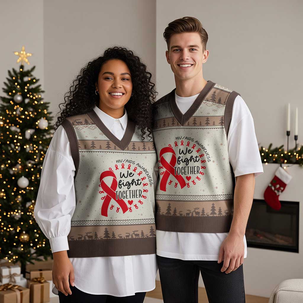 HIV Awareness Red Ribbon Support Gift V-Neck Knit Sweater Vest We Fight Together TS12 Mocha Mousse Print Your Wear