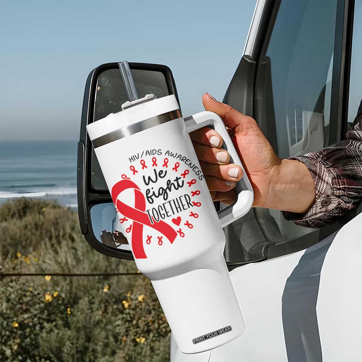 HIV Awareness Red Ribbon Support Gift Tumbler With Handle We Fight Together TS12 Print Your Wear