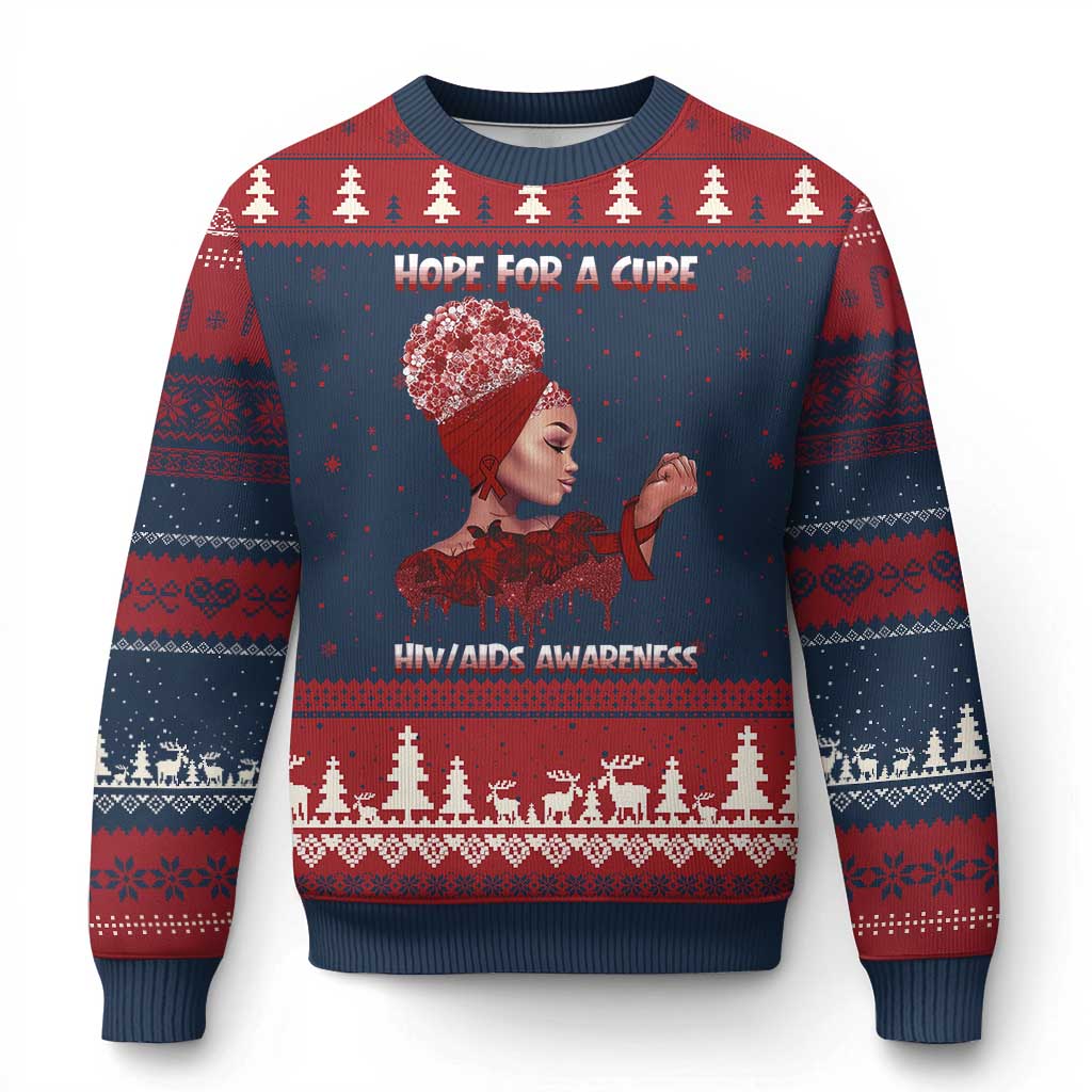 Hope For A Cure HIV Awareness Ugly Christmas Sweater Support Squad Gift TS12 Navy Red Print Your Wear