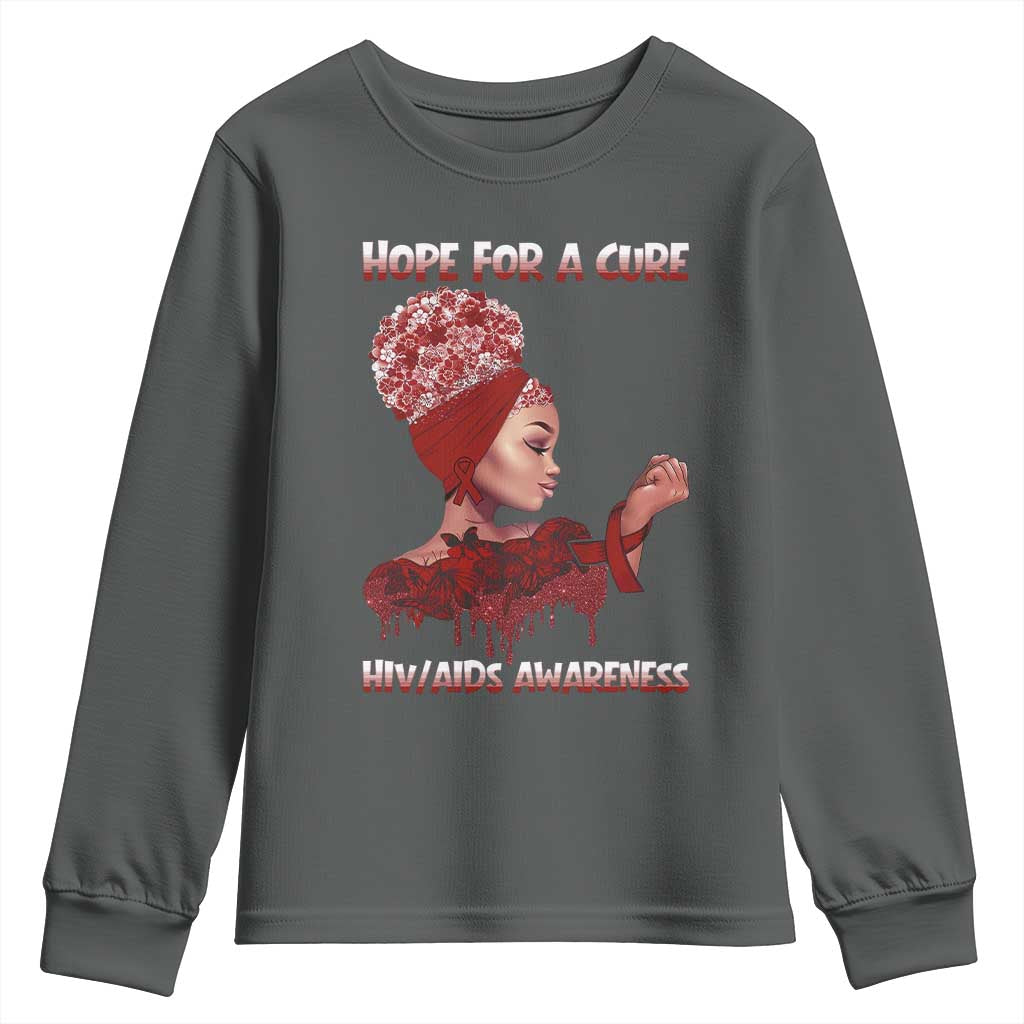 Hope For A Cure HIV Awareness Youth Sweatshirt Support Squad Gift TS12 Dark Heather Print Your Wear