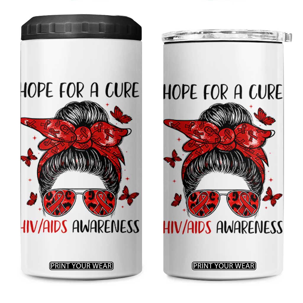 Hope For A Cure HIV Awareness 4 in 1 Can Cooler Tumbler Strong Woman Red Ribbon Gift TS12 One Size: 16 oz White Print Your Wear