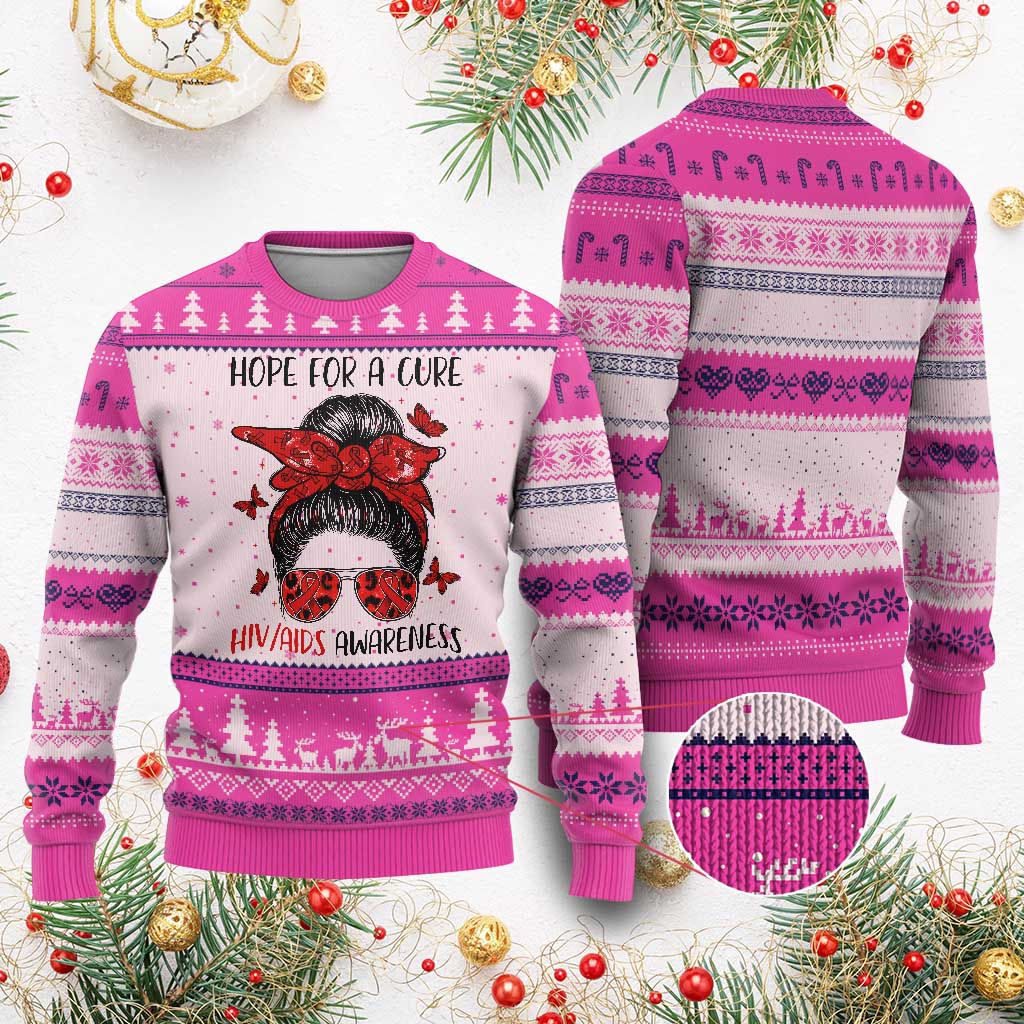 Hope For A Cure HIV Awareness Ugly Christmas Sweater Strong Woman Red Ribbon Gift TS12 Hot Pink Print Your Wear