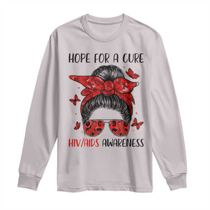 Hope For A Cure HIV Awareness Long Sleeve Shirt Strong Woman Red Ribbon Gift TS12 Ice Gray Print Your Wear