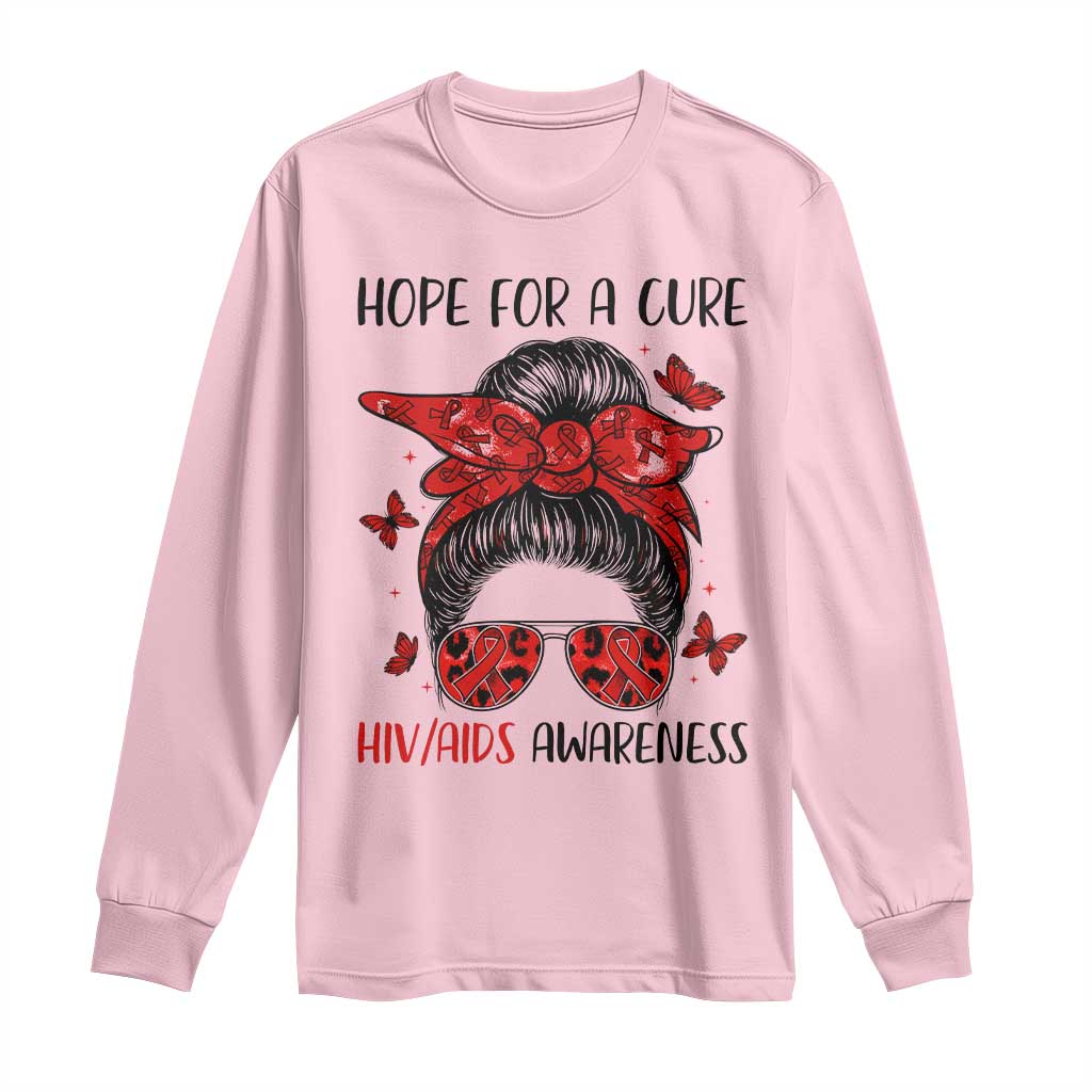 Hope For A Cure HIV Awareness Long Sleeve Shirt Strong Woman Red Ribbon Gift TS12 Light Pink Print Your Wear