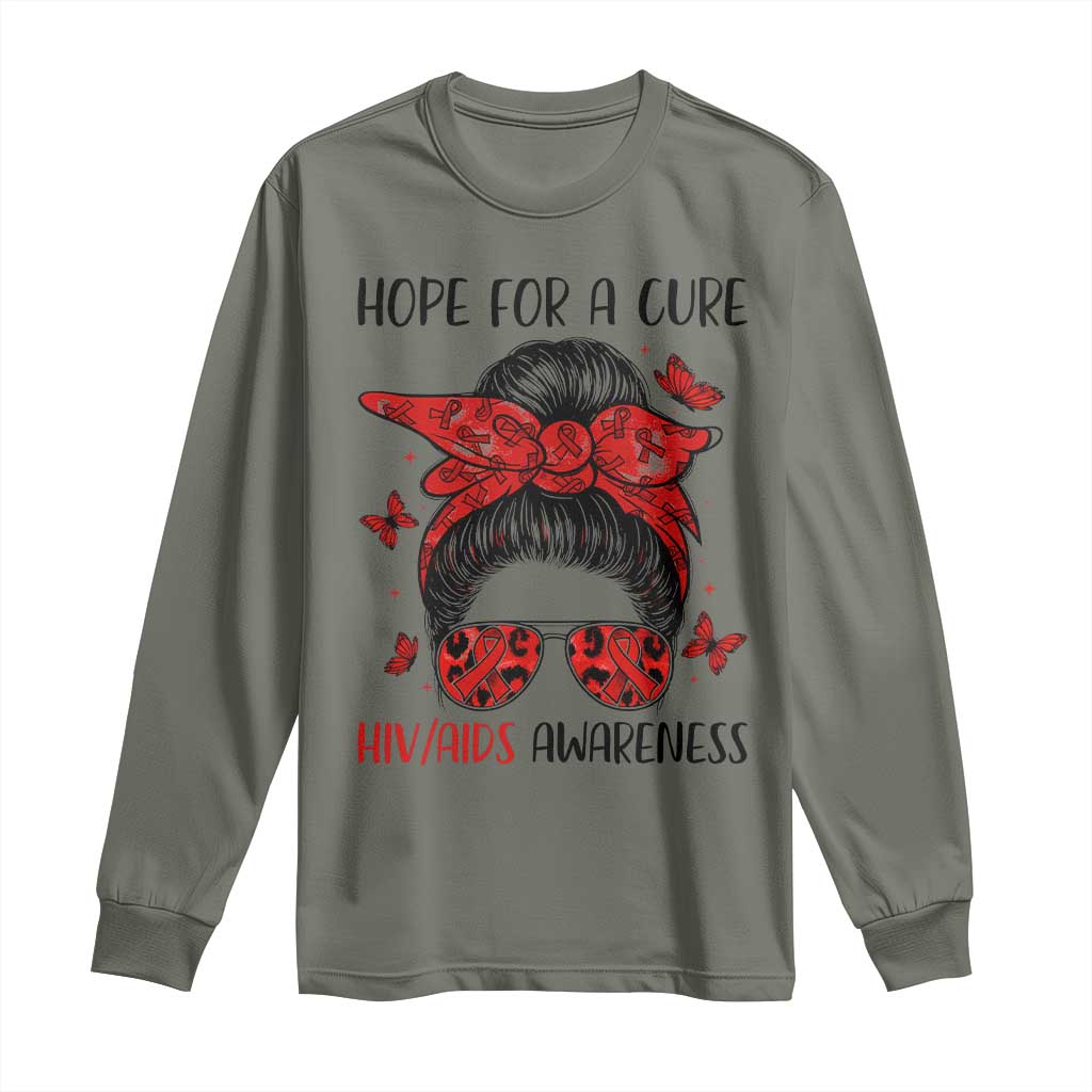 Hope For A Cure HIV Awareness Long Sleeve Shirt Strong Woman Red Ribbon Gift TS12 Military Green Print Your Wear