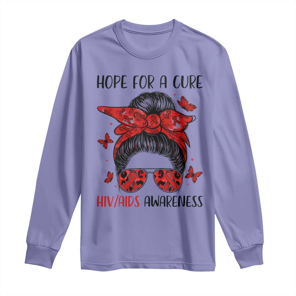 Hope For A Cure HIV Awareness Long Sleeve Shirt Strong Woman Red Ribbon Gift TS12 Violet Print Your Wear