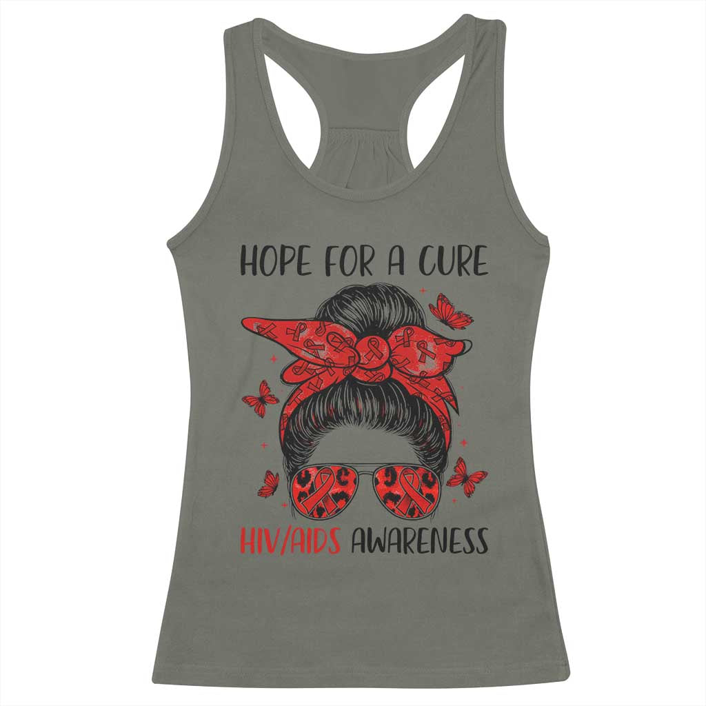 Hope For A Cure HIV Awareness Racerback Tank Top Strong Woman Red Ribbon Gift TS12 Military Green Print Your Wear