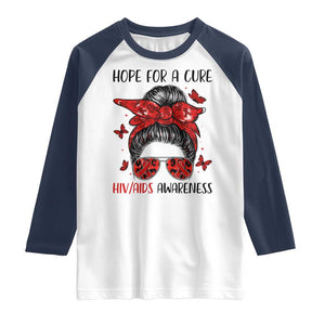 Hope For A Cure HIV Awareness Raglan Shirt Strong Woman Red Ribbon Gift TS12 White Navy Print Your Wear