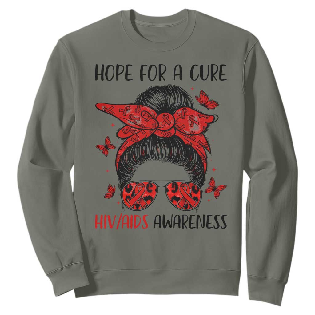 Hope For A Cure HIV Awareness Sweatshirt Strong Woman Red Ribbon Gift TS12 Military Green Print Your Wear