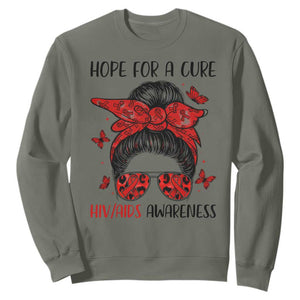 Hope For A Cure HIV Awareness Sweatshirt Strong Woman Red Ribbon Gift TS12 Military Green Print Your Wear