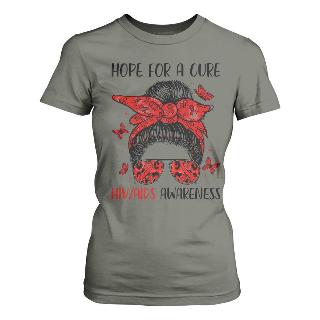 Hope For A Cure HIV Awareness T Shirt For Women Strong Woman Red Ribbon Gift TS12 Military Green Print Your Wear