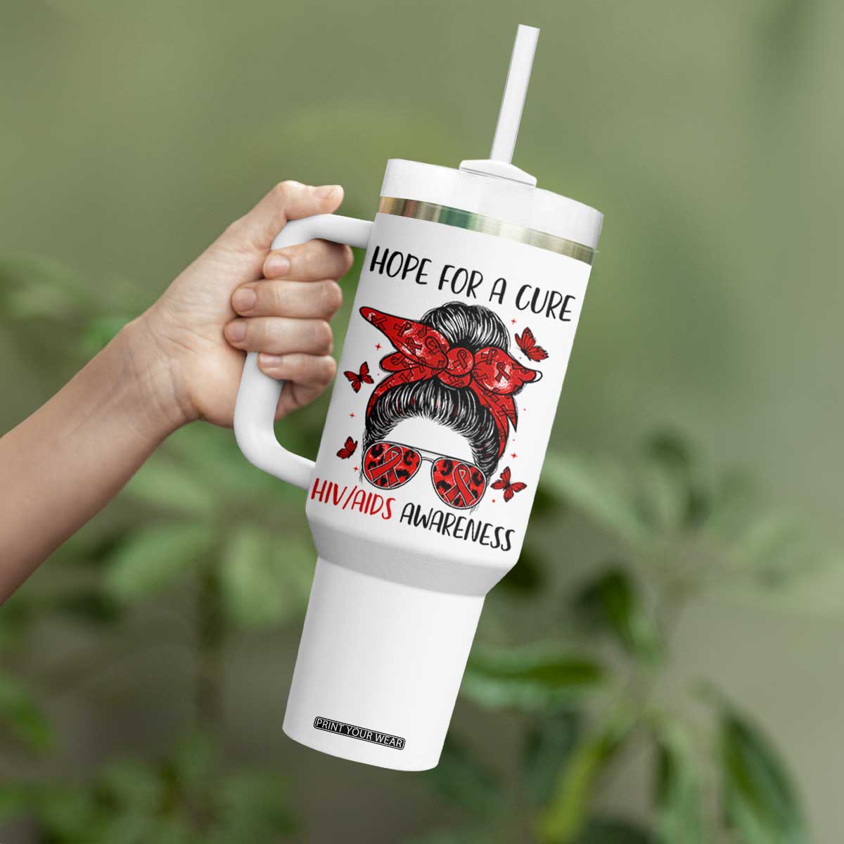 Hope For A Cure HIV Awareness Tumbler With Handle Strong Woman Red Ribbon Gift TS12 Print Your Wear