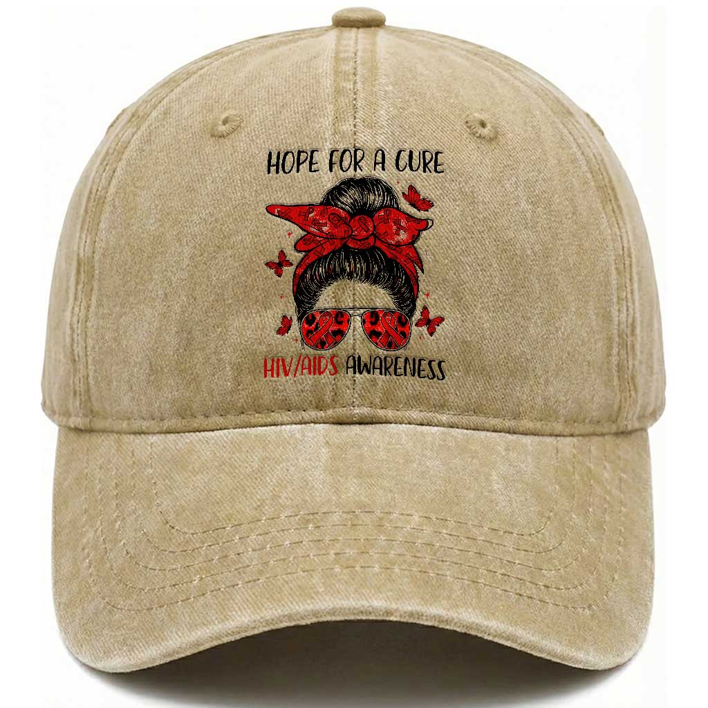 Hope For A Cure HIV Awareness Washed Cotton Baseball Cap Strong Woman Red Ribbon Gift TS12 Print Your Wear
