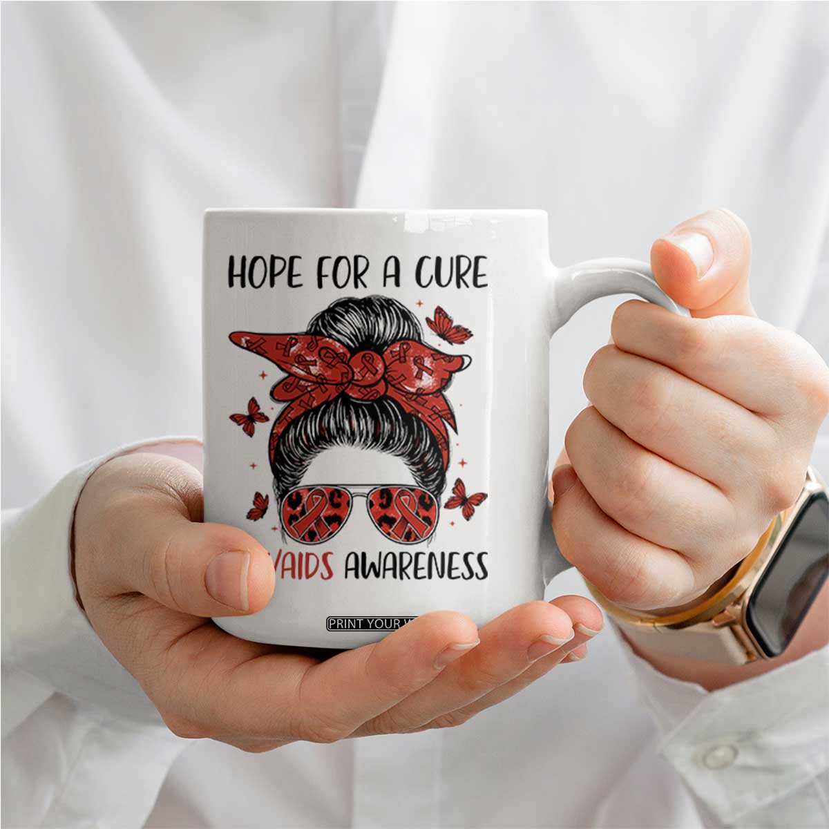 Hope For A Cure HIV Awareness Coffee Mug Strong Woman Red Ribbon Gift TS12 Print Your Wear